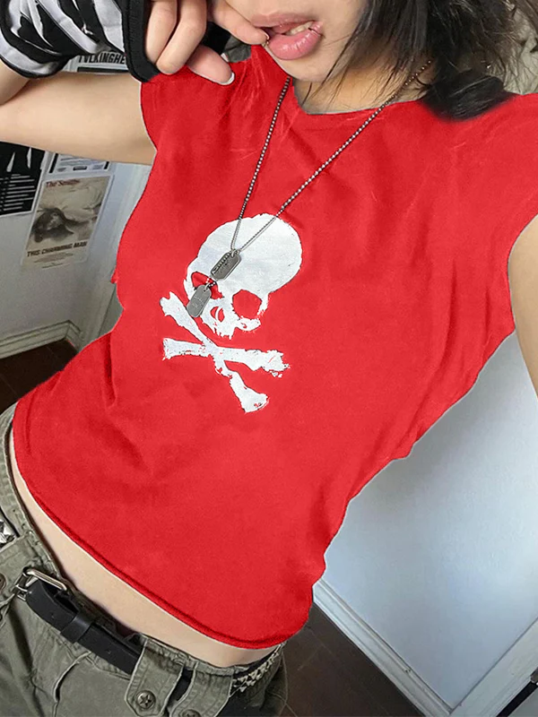 Skull Print Short Sleeve Y2K Crop Top - Image 22