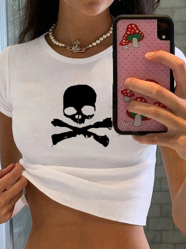 Skull Print Short Sleeve Y2K Crop Top - Image 8
