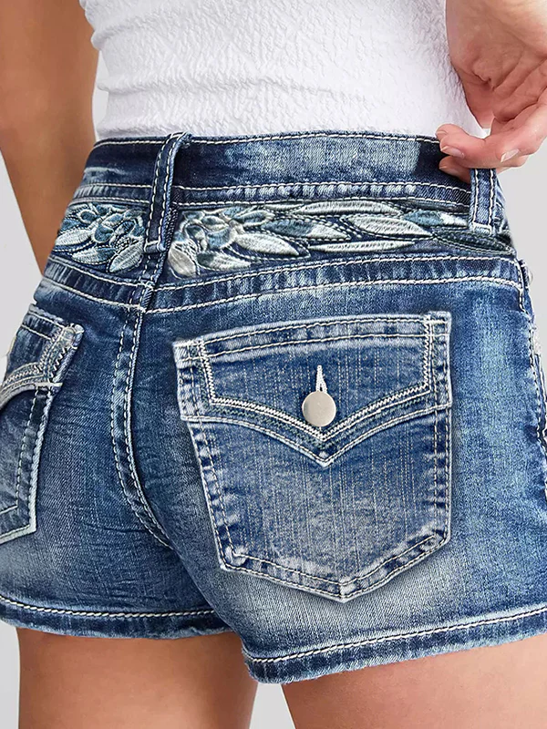 Slim Fit Embroidery Denim Shorts - Image 2