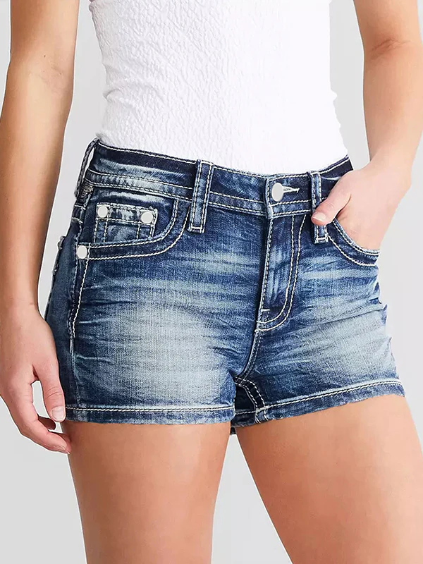 Slim Fit Embroidery Denim Shorts - Image 4
