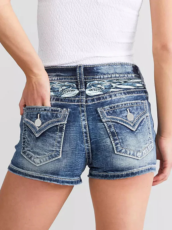 Slim Fit Embroidery Denim Shorts - Image 5