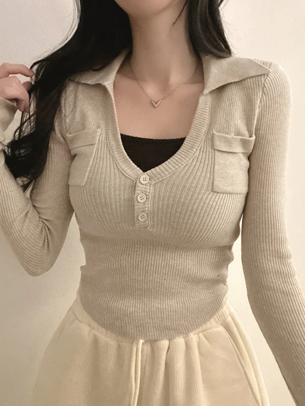 Slim-Fit V-Neck Slimming Effect Long Sleeve - Image 2