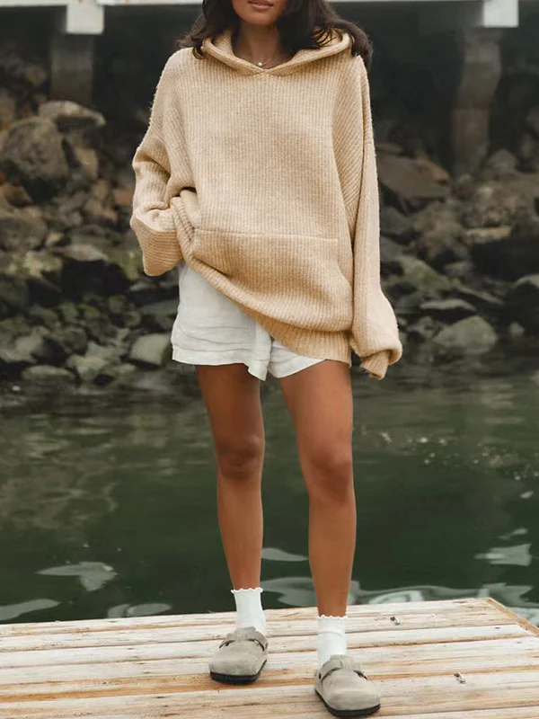 Soft Solid Color Pullover Hooded Knit Sweatshirts - Image 2
