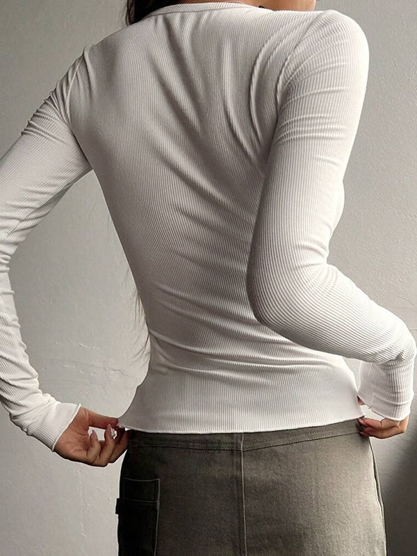 Solid Color Breasted V Neck Slim Long Sleeve Knit - Image 4