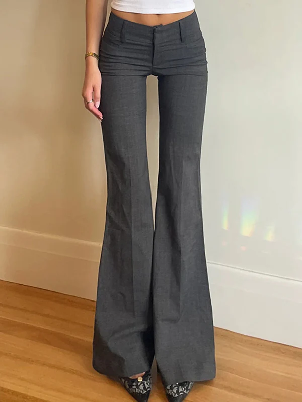 Solid Color Pleated Flare Leg Pants - Image 2