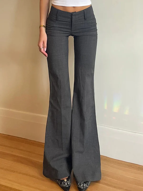 Solid Color Pleated Flare Leg Pants - Image 4