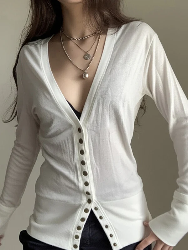 Solid-Coloured Button-Down V-Neck Cardigan - Image 3