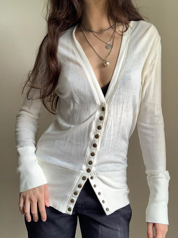 Solid-Coloured Button-Down V-Neck Cardigan - Image 4