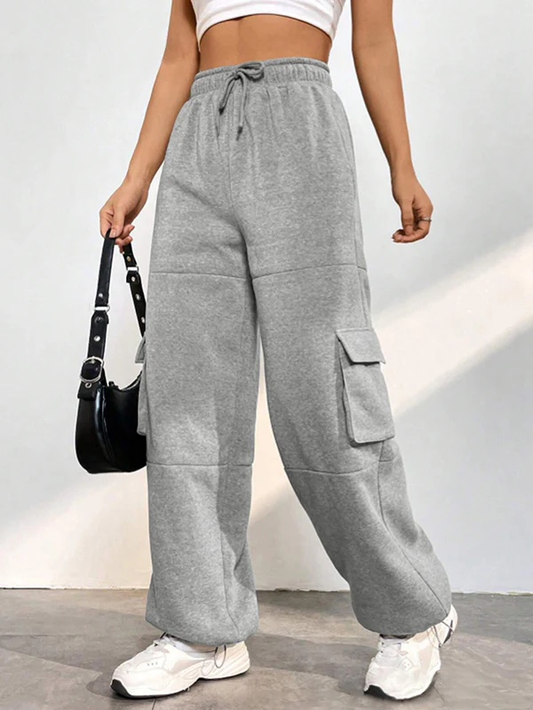 Solid Flap Pocket Lace Up Sweatpants - Image 2