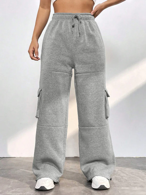Solid Flap Pocket Lace Up Sweatpants - Image 3