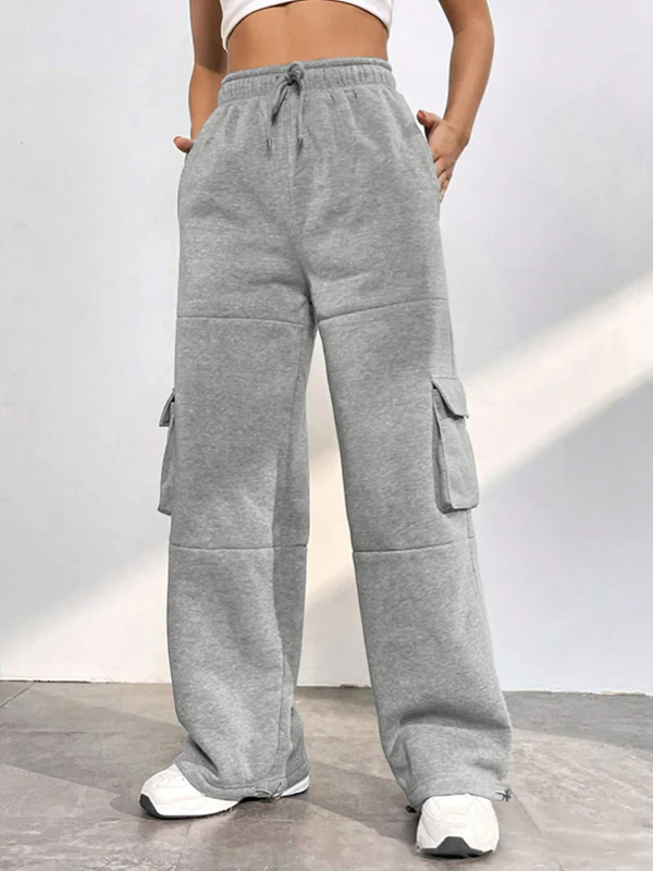 Solid Flap Pocket Lace Up Sweatpants - Image 4