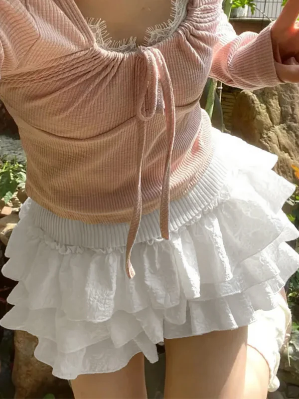 Solid Textured Tiered Shorts - Image 4