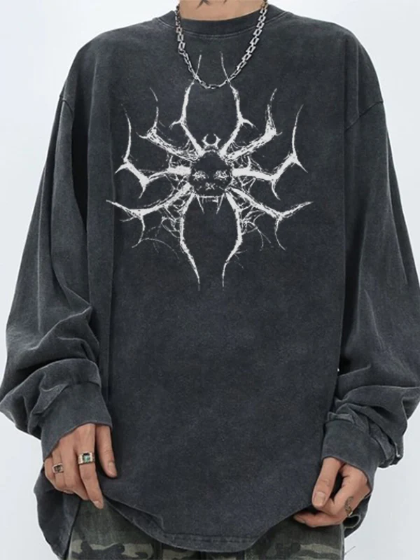 Spider Print Loose Casual Black Long Sleeves Tee