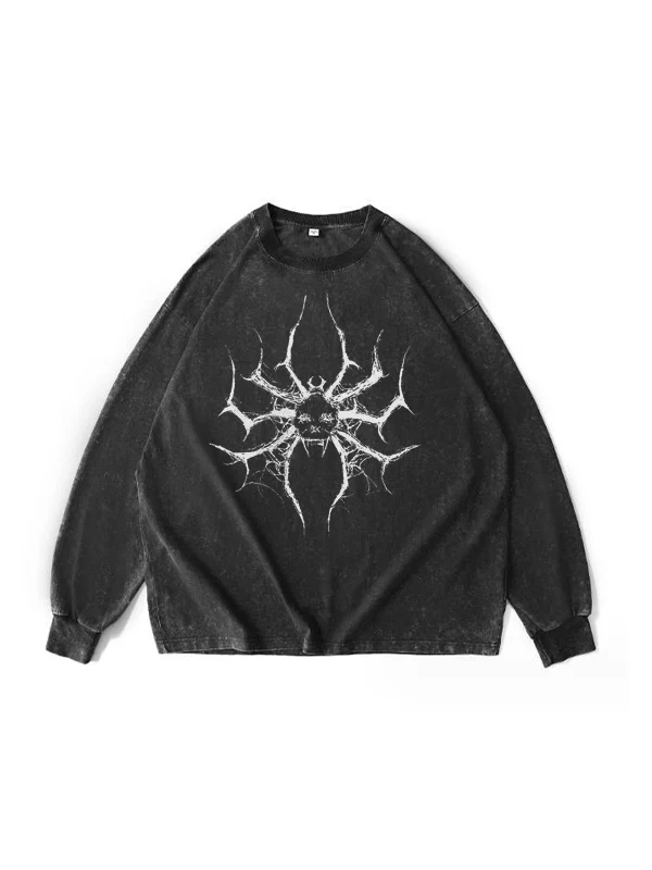 Spider Print Loose Casual Black Long Sleeves Tee - Image 2