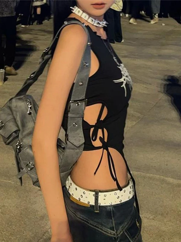 Spider Web Print Cutout Lace Up Tank Top - Image 3