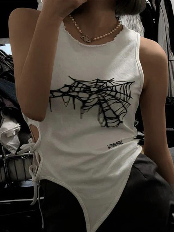 Spider Web Print Cutout Lace Up Tank Top - Image 5