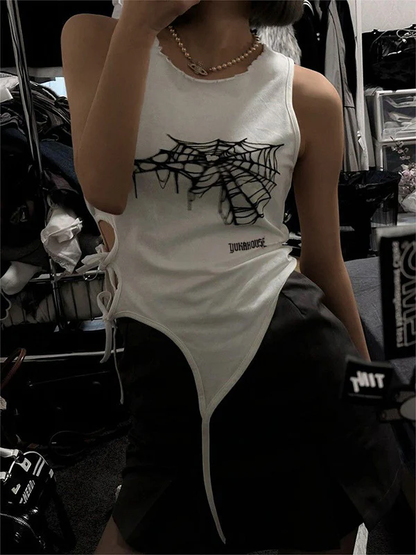 Spider Web Print Cutout Lace Up Tank Top - Image 6