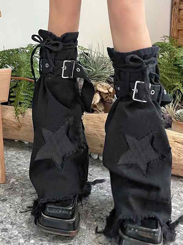 Star Embroidery Lace Up Flare Leg Warmer - Image 3