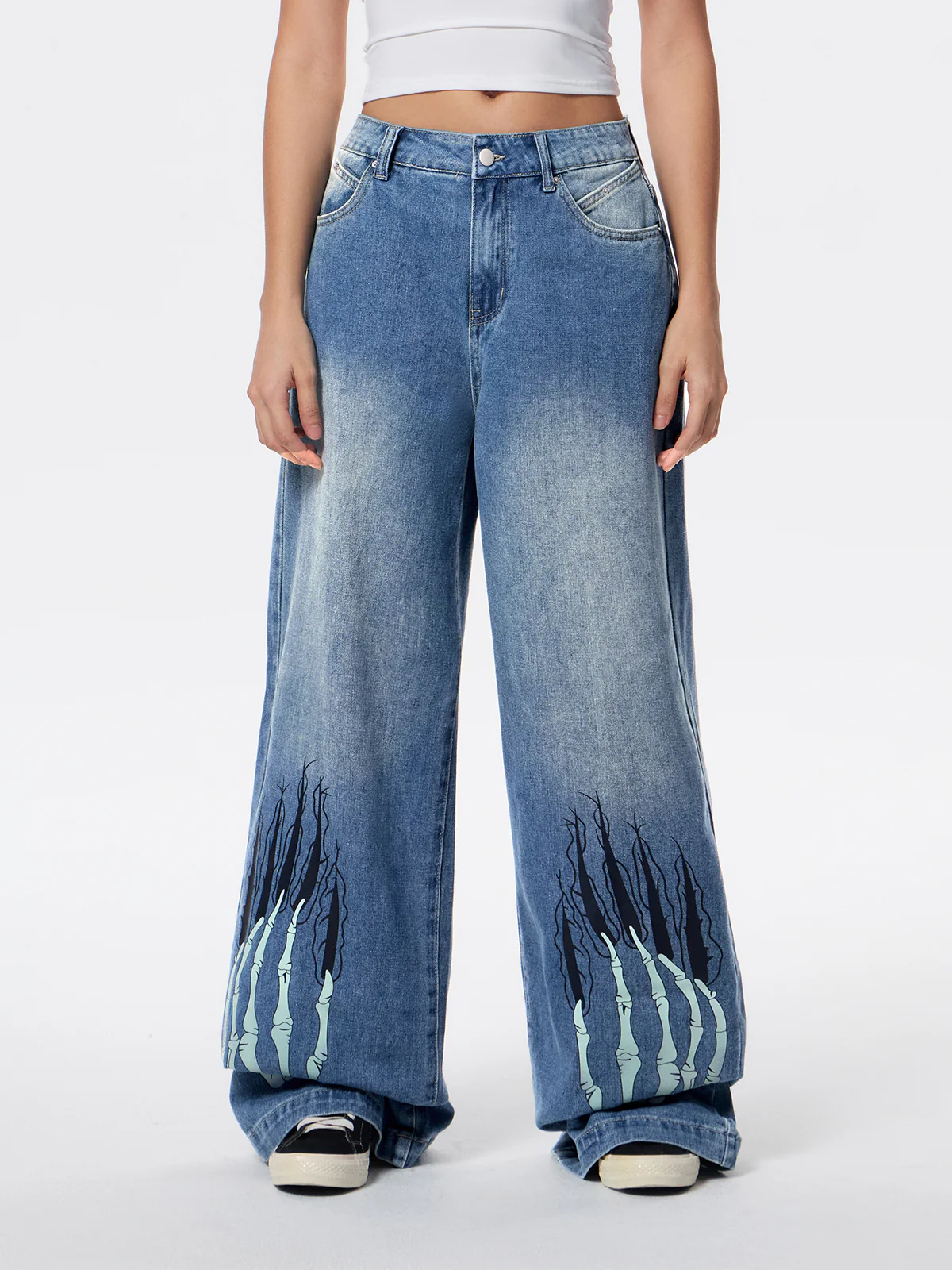 Street Skeleton Hand Print Boyfriend Jeans
