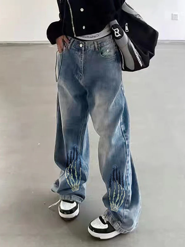 Street Skeleton Hand Print Boyfriend Jeans - Image 10