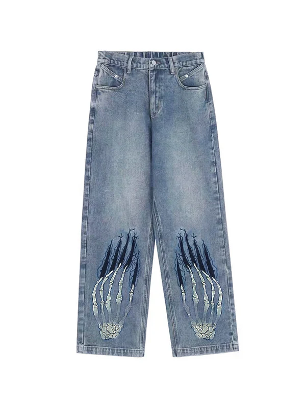 Street Skeleton Hand Print Boyfriend Jeans - Image 11