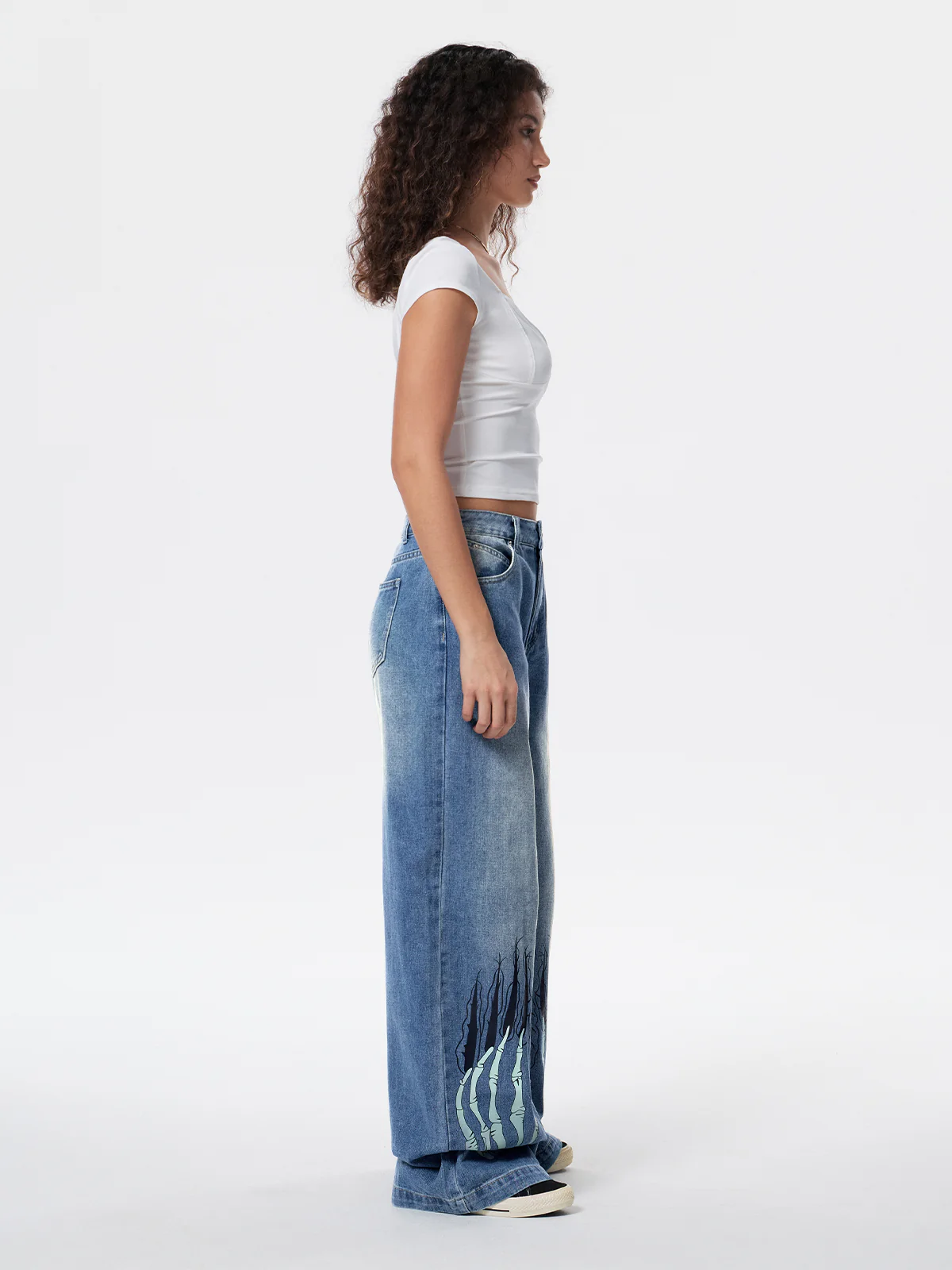 Street Skeleton Hand Print Boyfriend Jeans - Image 4
