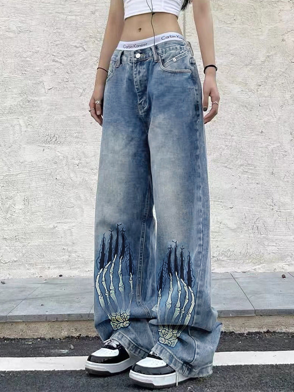 Street Skeleton Hand Print Boyfriend Jeans - Image 8