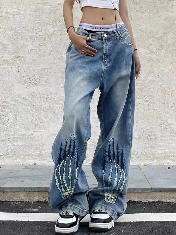 Street Skeleton Hand Print Boyfriend Jeans - Image 9