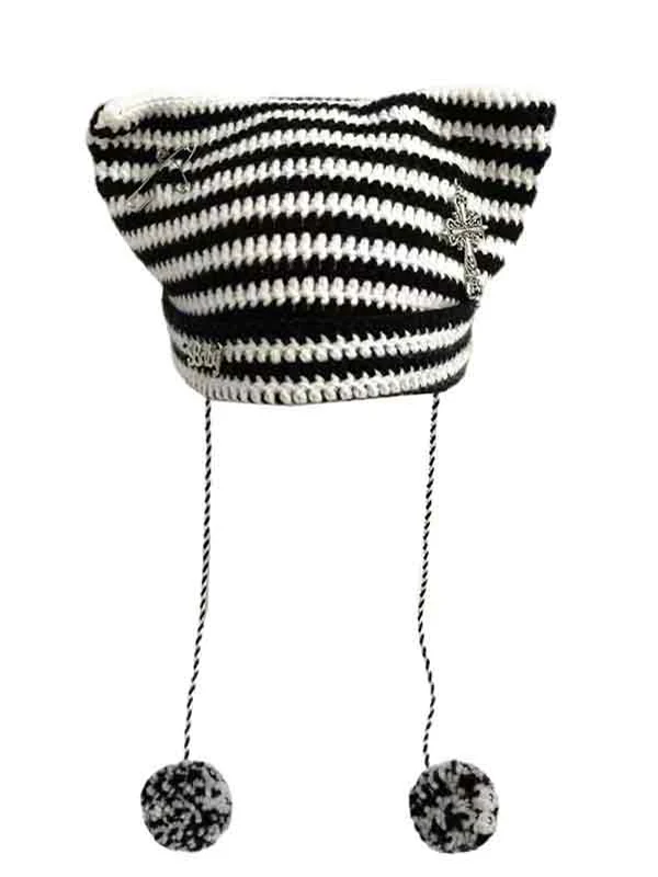 Stripe Cat Design Vintage Pendant Beanie Hat - Image 6