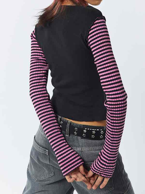 Stripe Star Print Patchwork Slim Long Sleeve Tee - Image 4