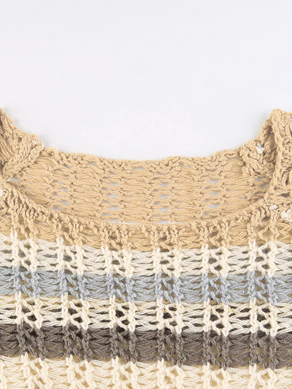 Super Crop Long Sleeve Knit Striped Crochet Top - Image 9