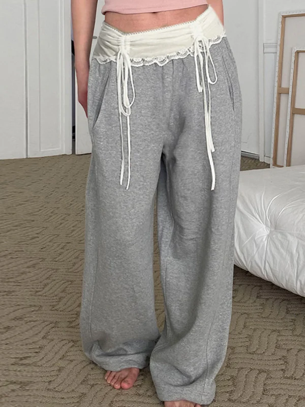 Sweet And Cool Spicy Girl Girly Lace Patchwork Waistband Drawstring Loose Casual Pants - Image 3