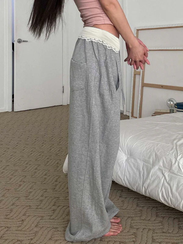 Sweet And Cool Spicy Girl Girly Lace Patchwork Waistband Drawstring Loose Casual Pants - Image 4