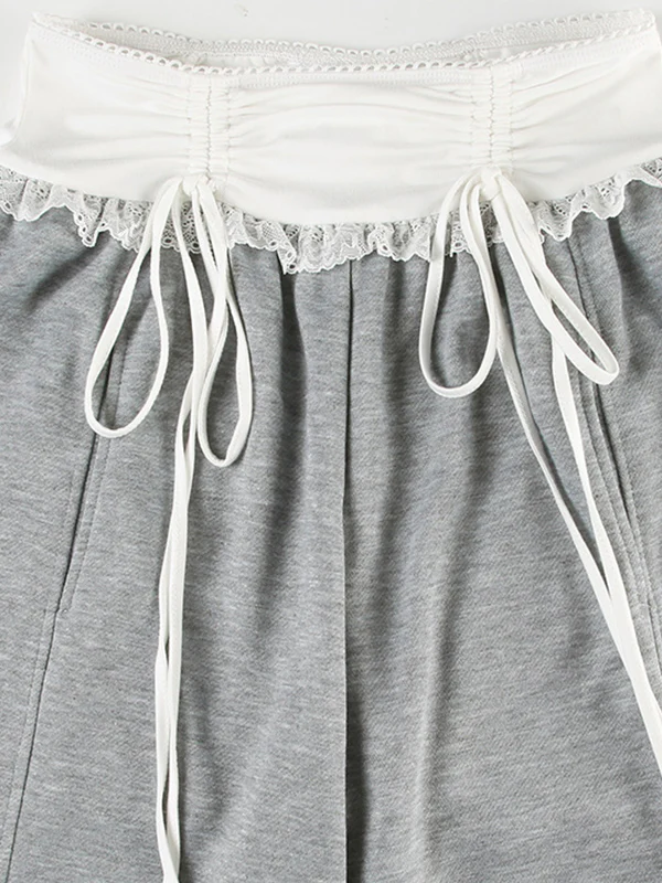 Sweet And Cool Spicy Girl Girly Lace Patchwork Waistband Drawstring Loose Casual Pants - Image 5