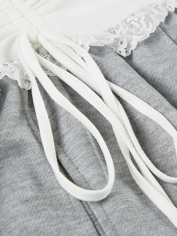 Sweet And Cool Spicy Girl Girly Lace Patchwork Waistband Drawstring Loose Casual Pants - Image 7