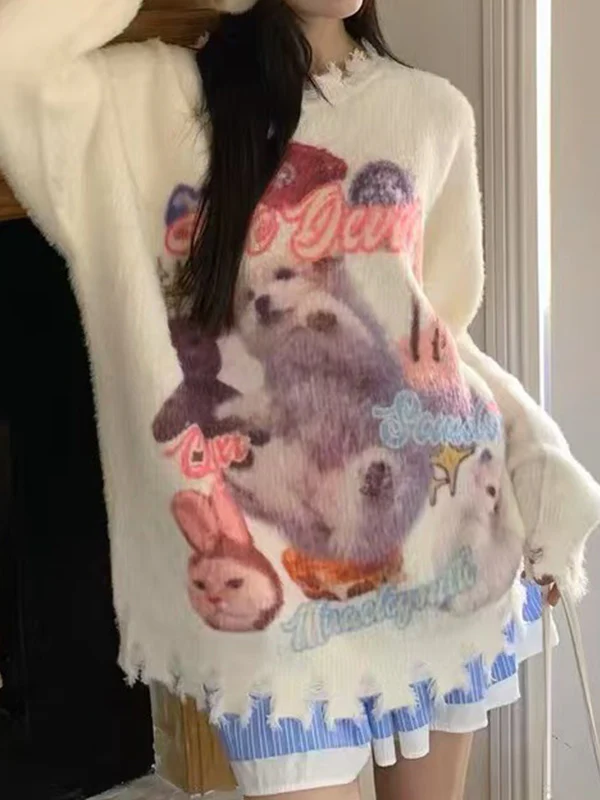 Sweet Cat Graffiti Print Round Neck Pullover Sweater