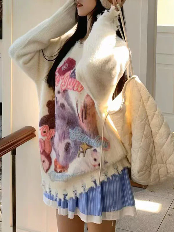 Sweet Cat Graffiti Print Round Neck Pullover Sweater - Image 3
