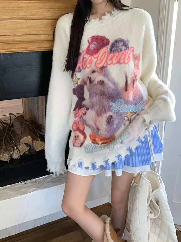 Sweet Cat Graffiti Print Round Neck Pullover Sweater - Image 4