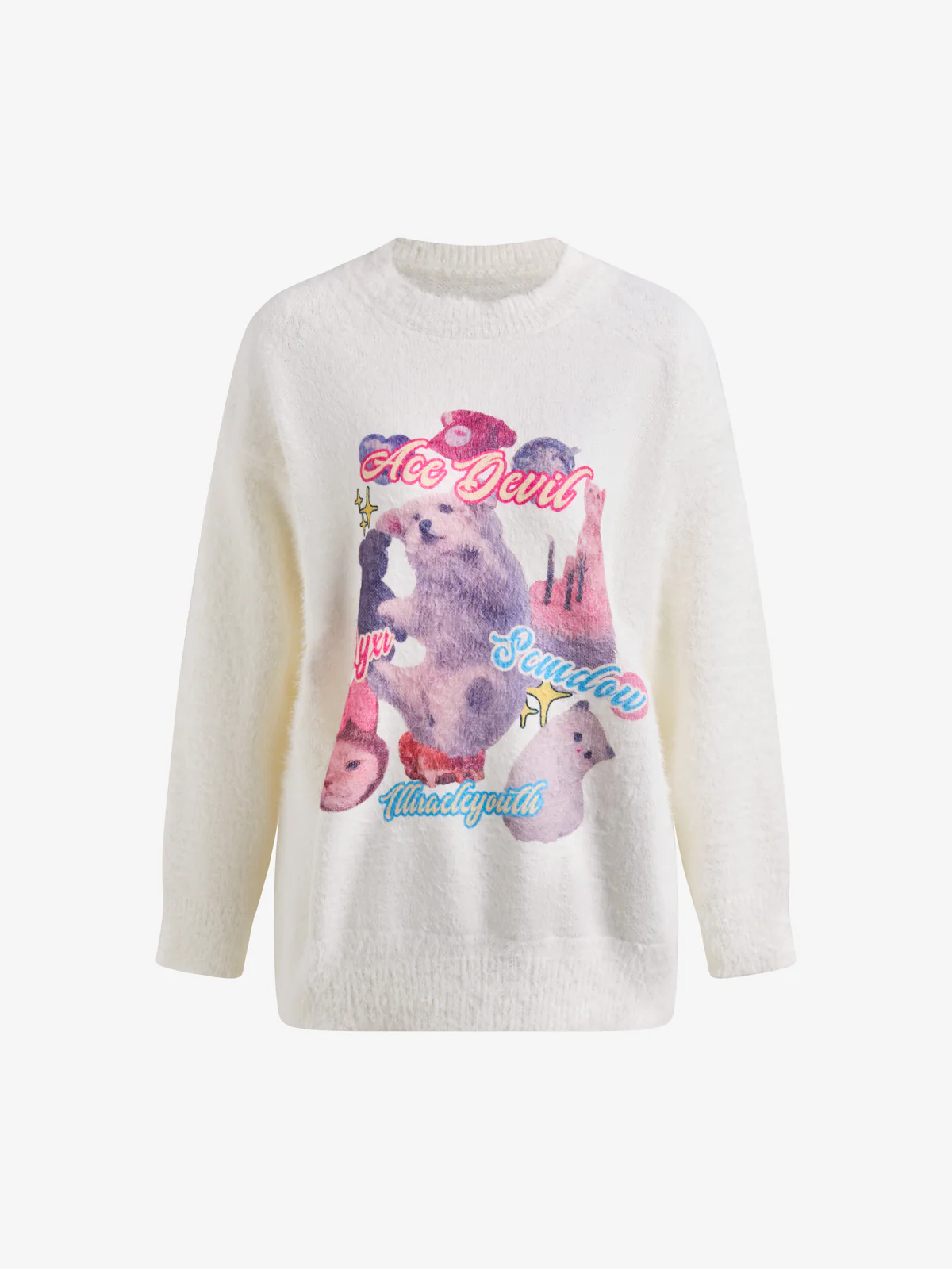 Sweet Cat Graffiti Print Round Neck Pullover Sweater - Image 5