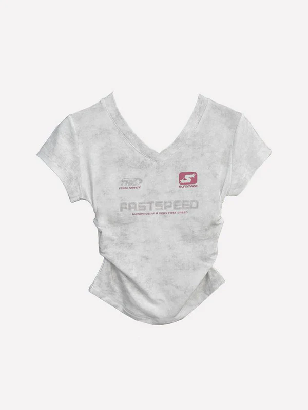 Tie-Dye Print Ruched V Neck Short Sleeve Tee - Image 2