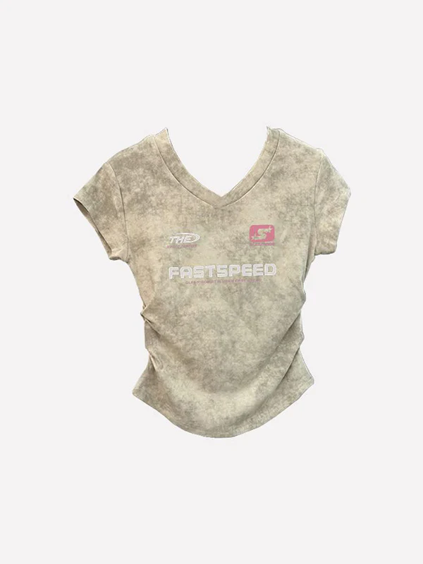 Tie-Dye Print Ruched V Neck Short Sleeve Tee - Image 3