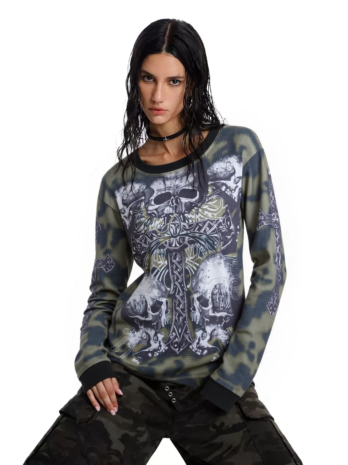 Tie Dye Skull Cross Print Oversized Long Sleeve Tee - Image 2