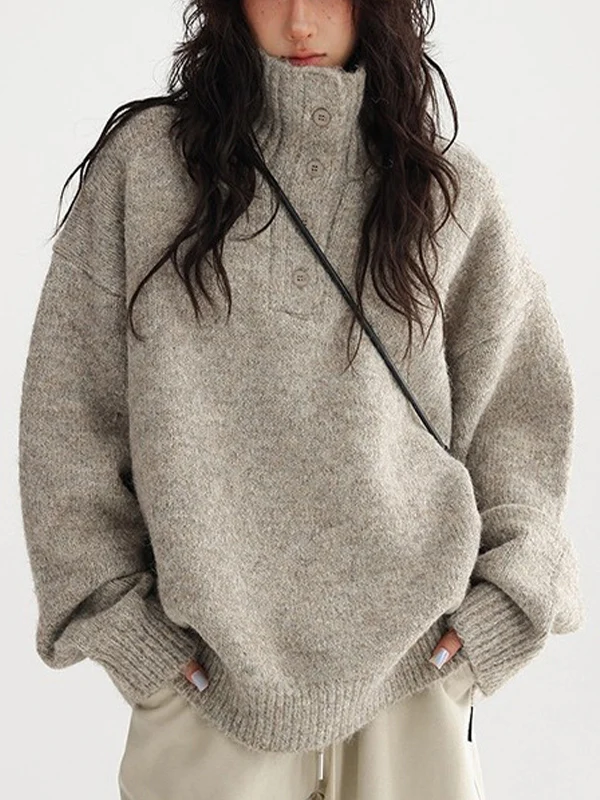 Turtleneck Henley Melange Oversized Sweater - Image 3