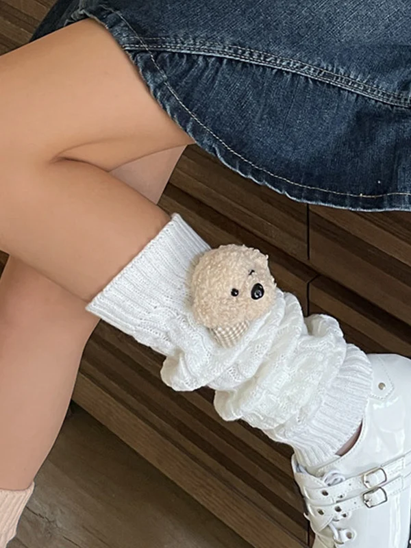 Twist Design Bear Decor Knit Leg Warmer - Image 11