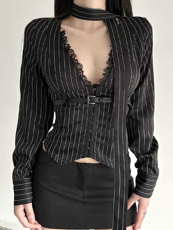 V-Neck Lace Patchwork Long Sleeves