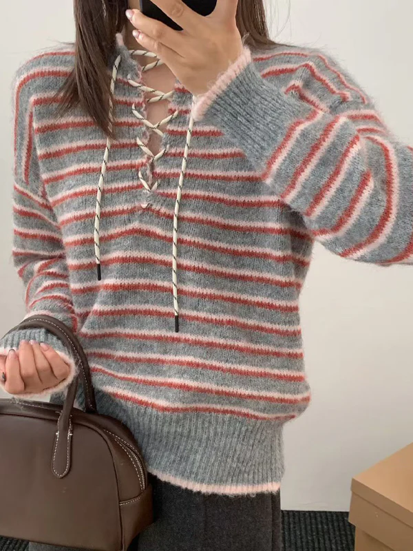 V-Neck Lace Up Sweater - Image 2