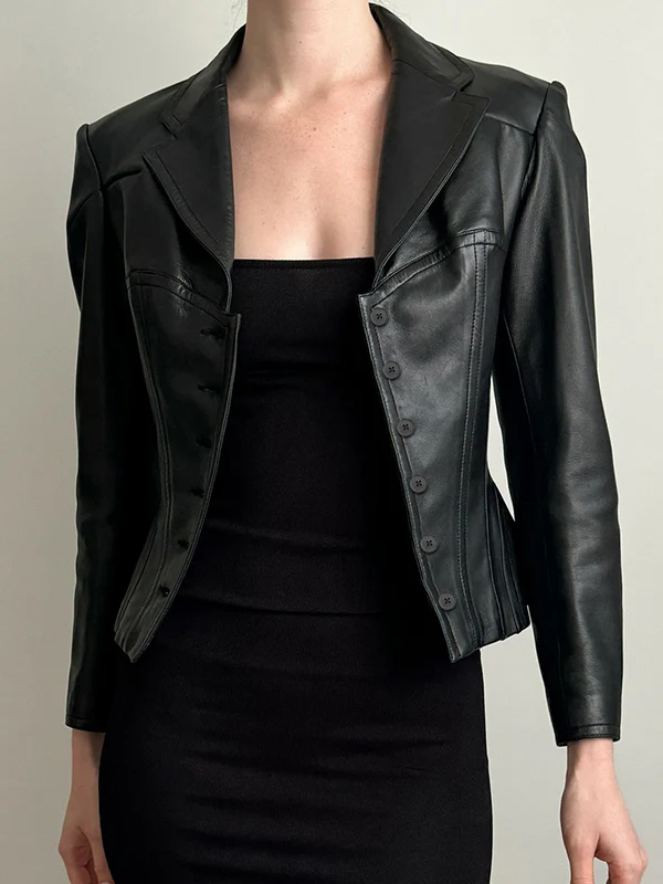V-Neck Leather Patchwork Jacket - Image 3
