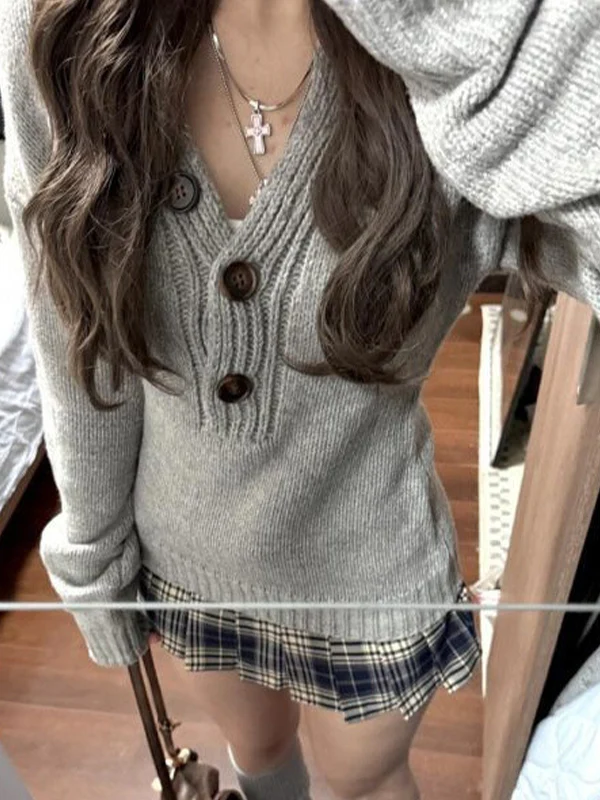 V-Neck Plain Button Sweater - Image 2