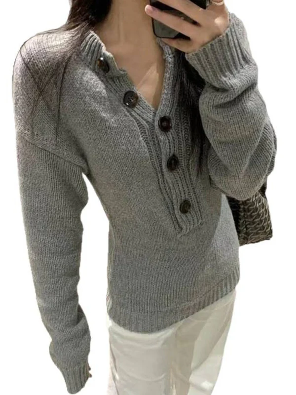 V-Neck Plain Button Sweater - Image 3