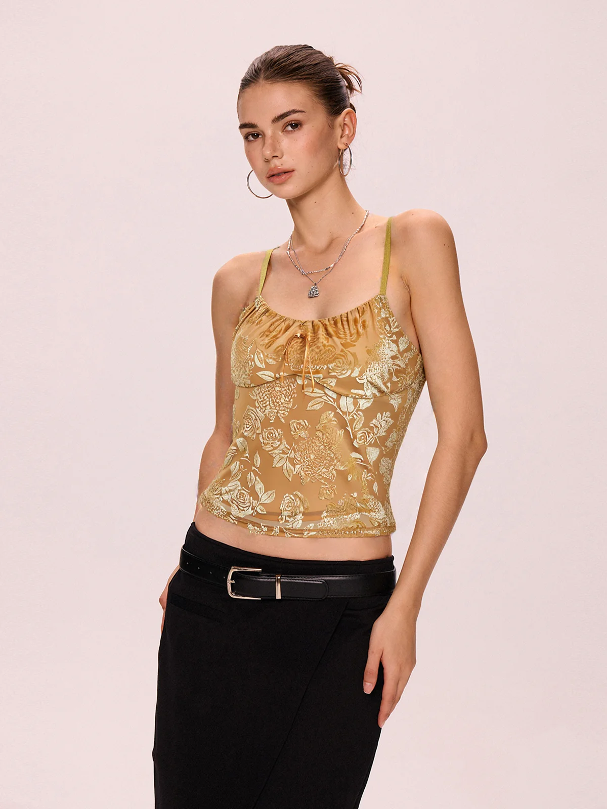Velvet Floral Jacquard Bow Decor Cami Top - Image 4